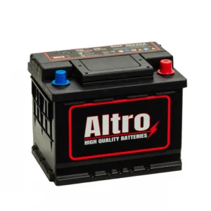 Car battery with red positive and blue negative terminals and a bold Altro logo on the side, labeled 'High Quality Batteries'