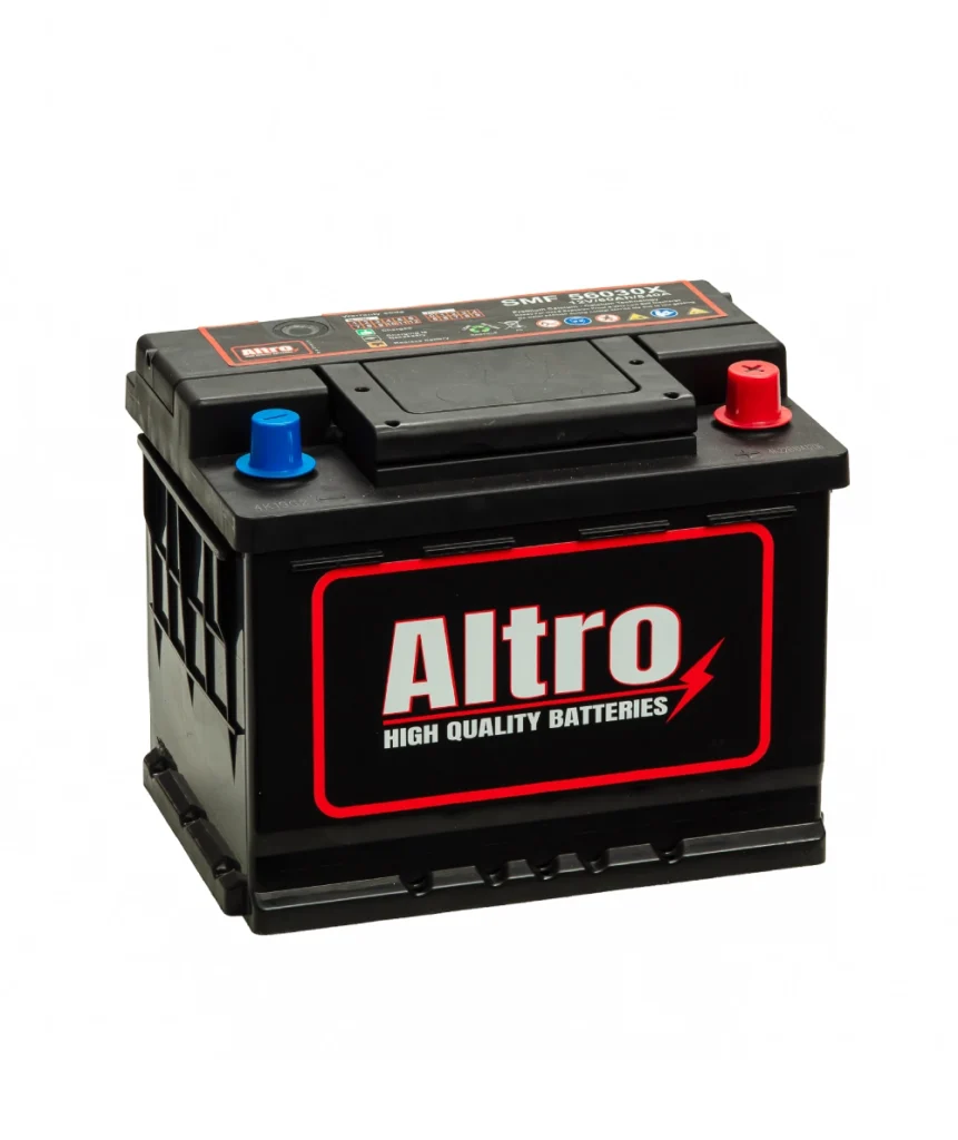 altro-start-stop - Altro Batteries Car battery with red positive and blue negative terminals and a bold Altro logo on the side, labeled 'High Quality Batteries'