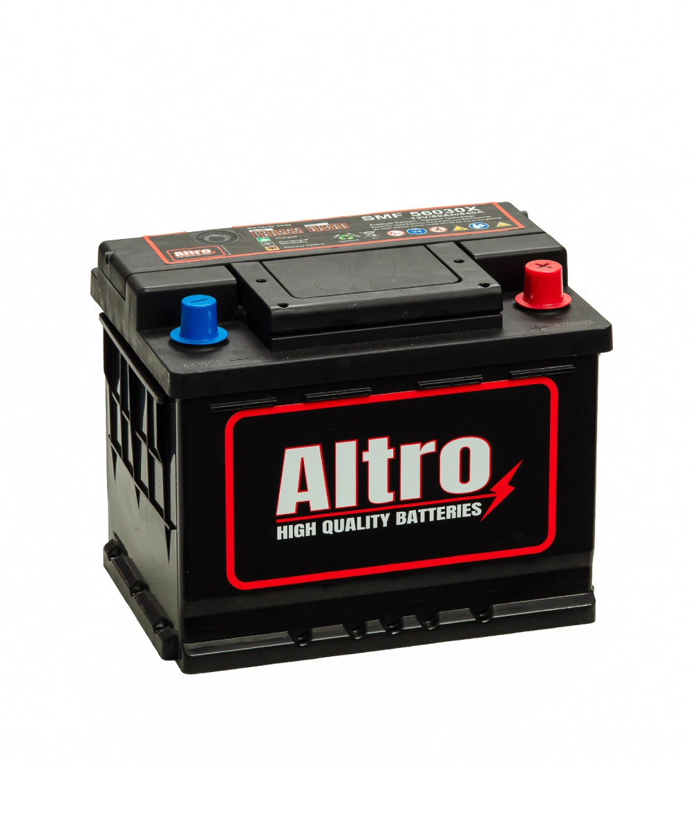 Car battery with red positive and blue negative terminals and a bold Altro logo on the side, labeled 'High Quality Batteries'