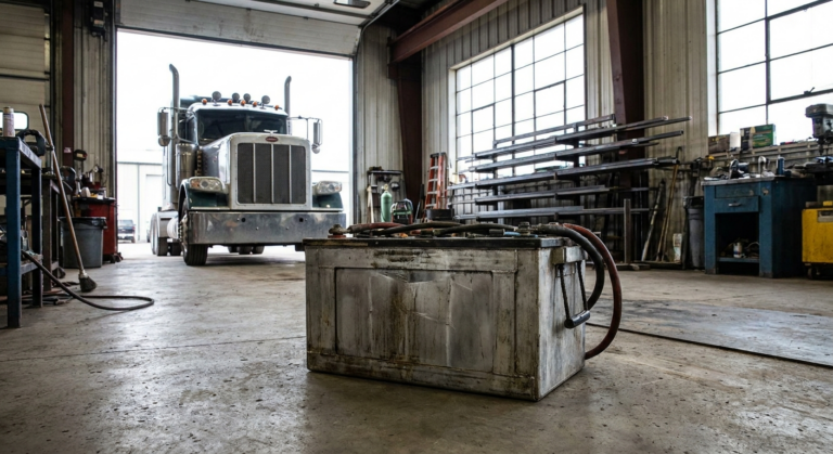 Heavy duty μπαταρία φορτηγού σε βιομηχανικό setting - Altro Batteries Industrial workshop with a large truck in the back; a weathered metal tank with hoses sits in the foreground.