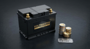 Voltmaster Premium car battery beside stacked coins and a price tag €350, on a dark surface indicating value.